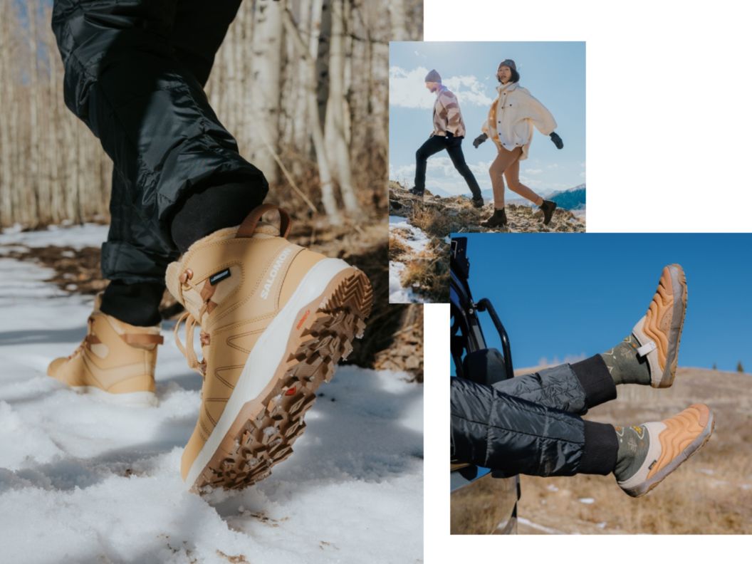 Closeups of hiking boots in snow and feet wearing insulated slippers hanging out of a car window. 